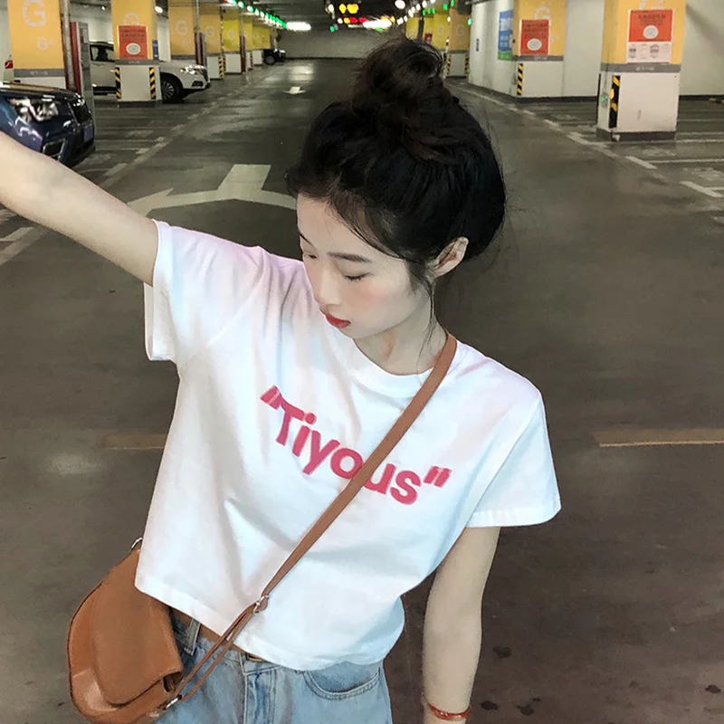 Tシャツ レディース 夏 ハート柄 ルーズ クロップトップス トレンディ レジャー シンプル 韓国風 スイート Футболка Женский 薄手 学生 若い