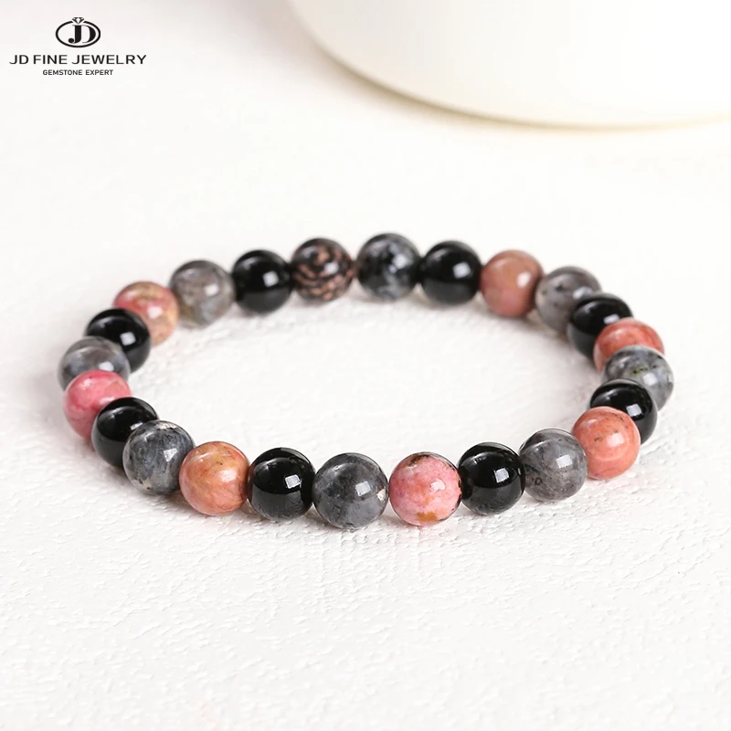 JD Natural Black Line Rhodonite Round Bead Mixed Bracelet Women Men Fashion Healing Handmade Stretch Yoga Meditation Jewelry