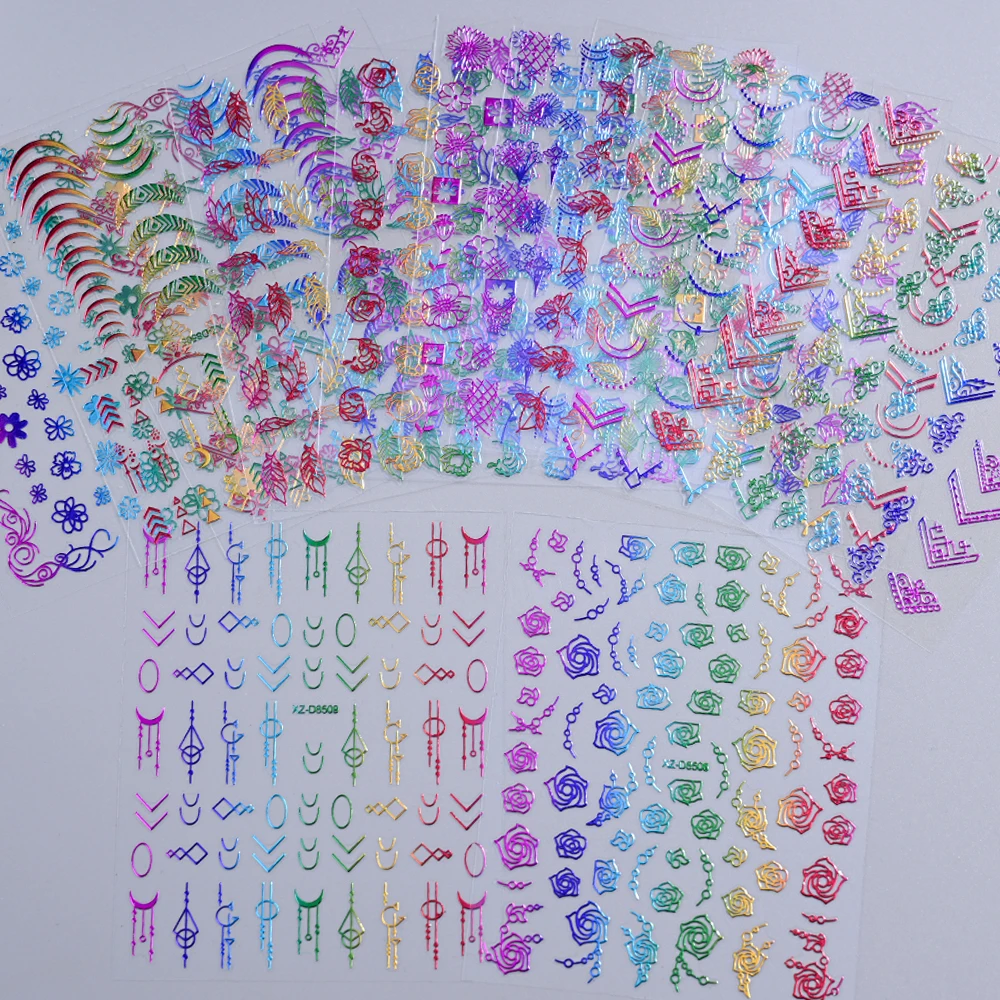 12Sheet 3D Mirror Rainbow Rose Lily Floral Nail Stickers French Iridescent Adhesive Nail Decals DIY Manicure Decoration Supplies