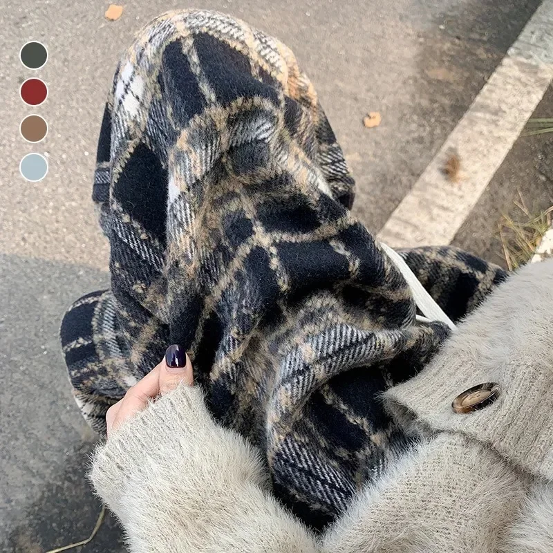 Cerulean Blue Green Plaid Women's Pants High-Waisted Draped Bell Bottoms Fleece-Lined Casual Trousers Autumn Winter 2024 New Mod