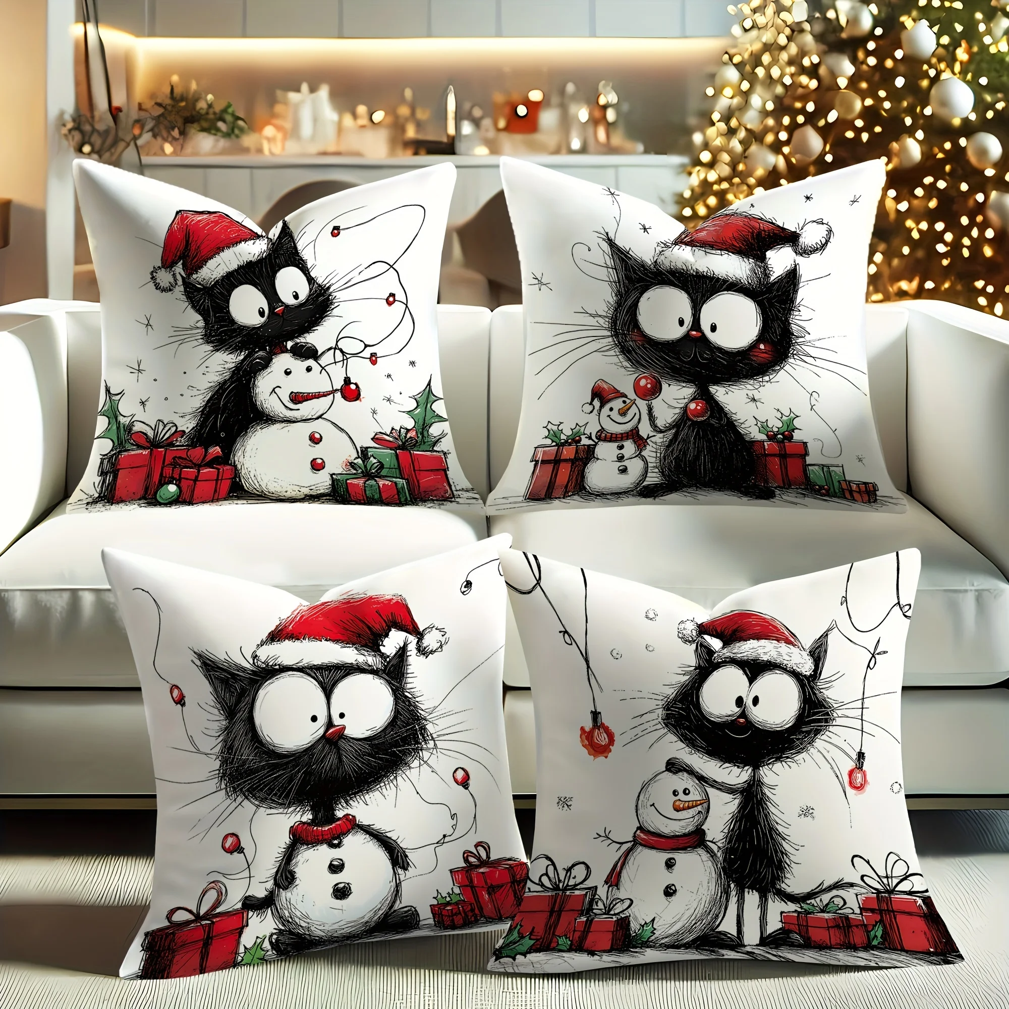 4-Piece Velvet Pillowcase With Snowman Black Cat Patterns, Soft Comfortable, Perfect Christmas Decoration, 18X18 Inches,