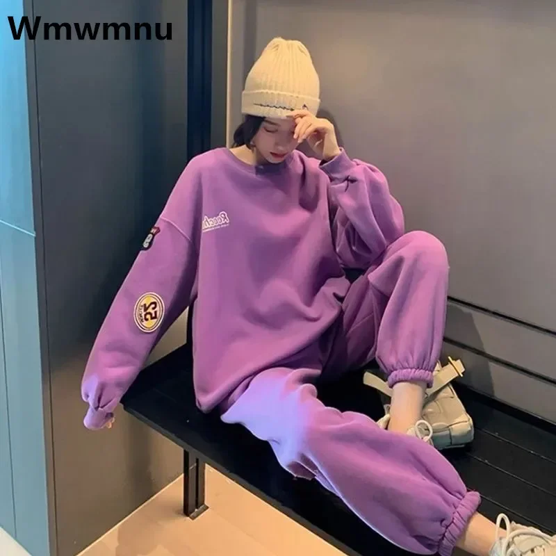 سويت شيرت نسائي ملابس الشارع الشهير للركض طقم مكون من قطعتين غير رسمي لخريف وشتاء ملابس مريحة دافئة وسميكة + بدلة رياضية