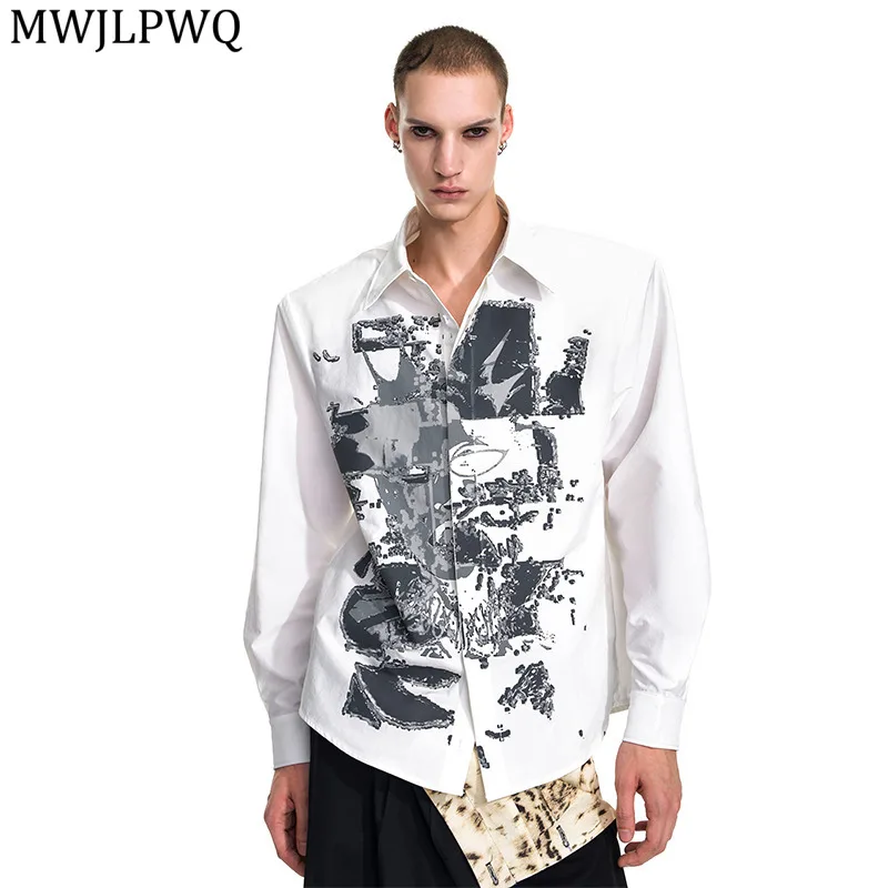 

MWJLPWQ Black Printed Design Lapel Shirts Long Sleeve For Men Autumn High Street Padded Shoulder Casual Tops 2025 Autumn 11764