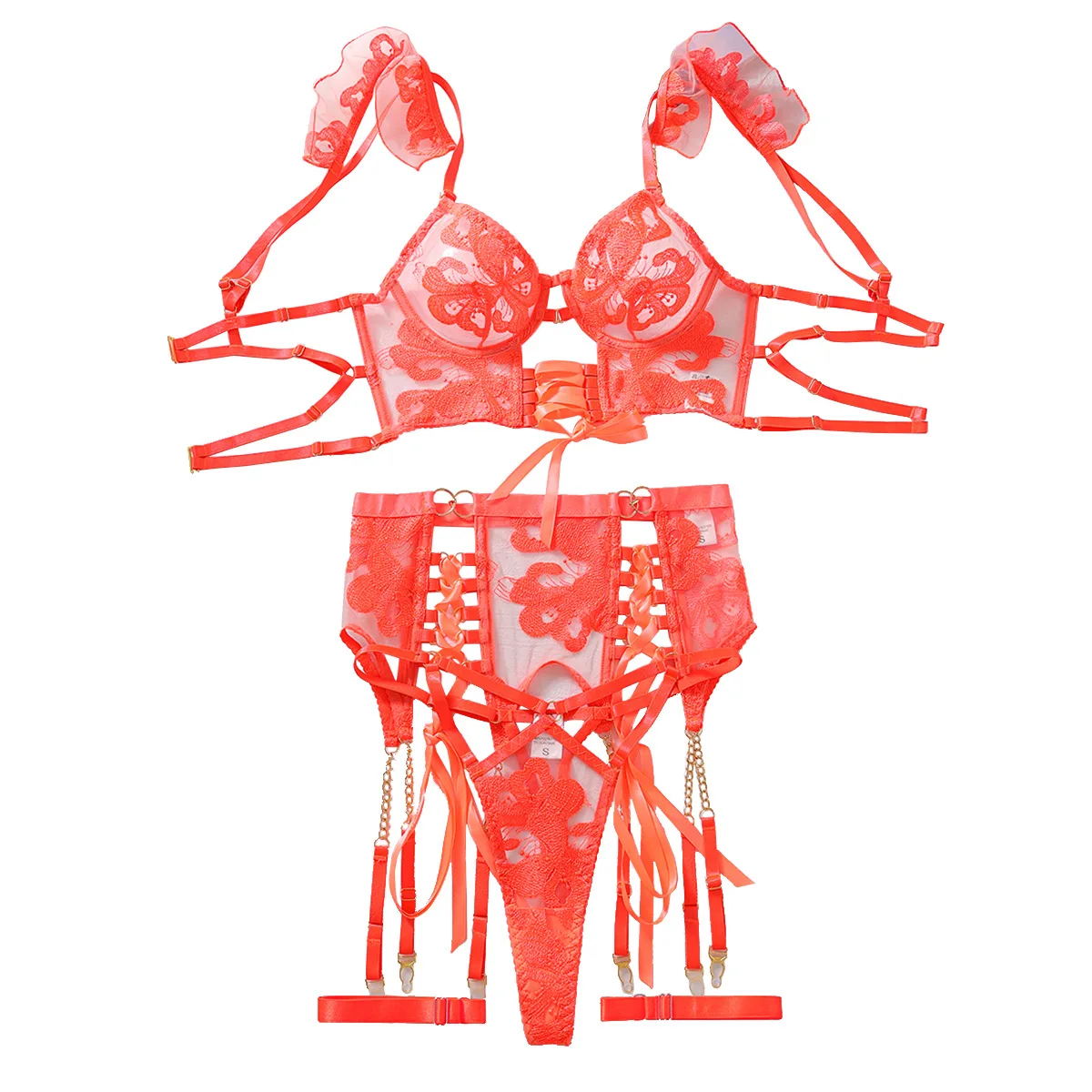 4 Piece Lingerie Set Floral Embroidery See Through Ultra Thin Fly Shoulder Straps Hollow Bra and Thong Sexy Underwear