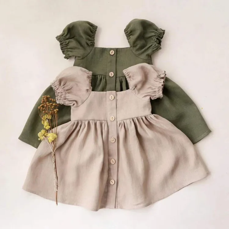 

Girls' Dress Summer Baby Bubble Sleeve Princess Dress Short Sleeve Square Collar Cotton Hemp Children's Dress