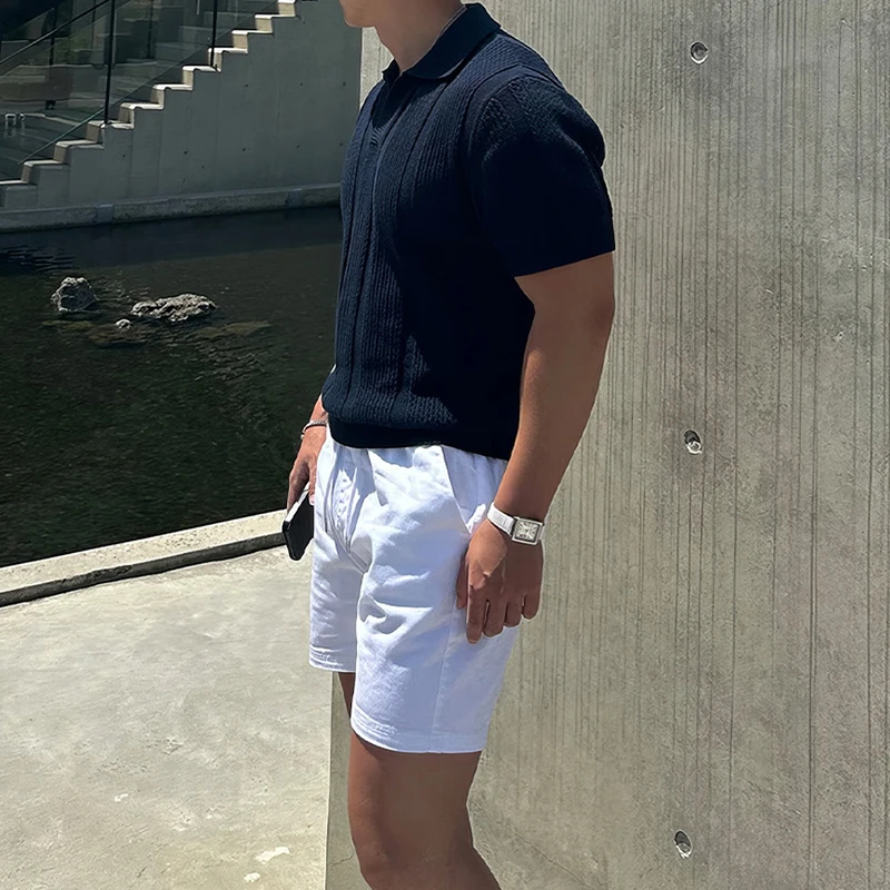 Fashion Mesh Knitted Polo Shirts Men Trendy Slim Fit Short Sleeve Breathable Knit T Shirt Mens Spring Summer Streetwear Polo Tee