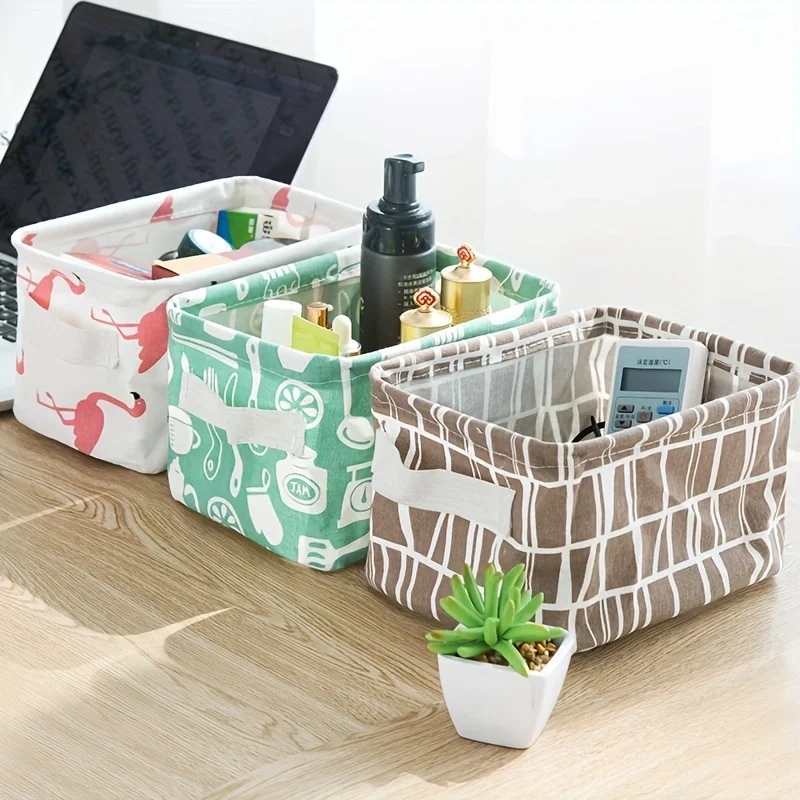 1pc Desktop Storage Box, Collapsible Cotton Linen Open Storage Basket, Washable With Handle, Laundry Organizer
