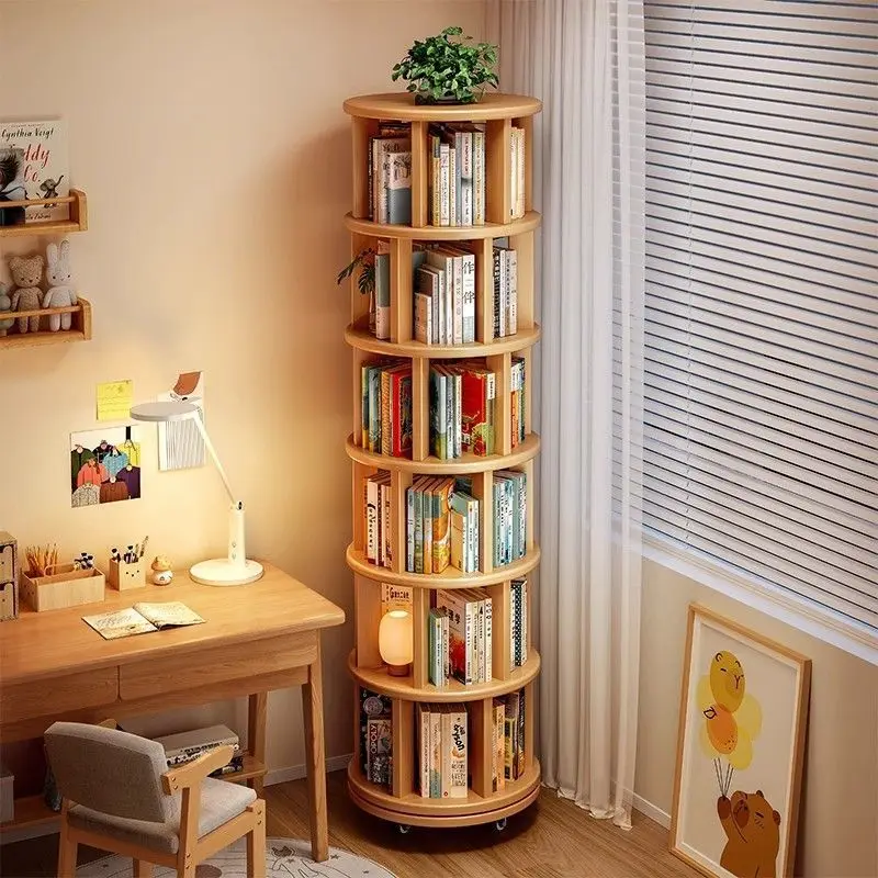 

Solid wood rotating bookshelf 360-degree bookcase shelf floor-to-ceiling integrated wall movable corner children's small