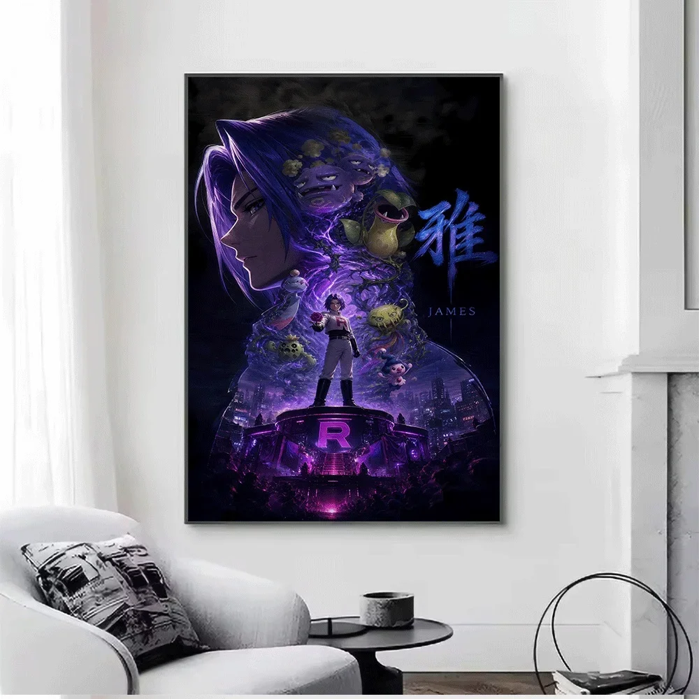 Pokemon Hariyama Chinese Character Style Canvas Wall Print, Anime Game Creature Mountain Scenery Fantasy Graphic Art Post