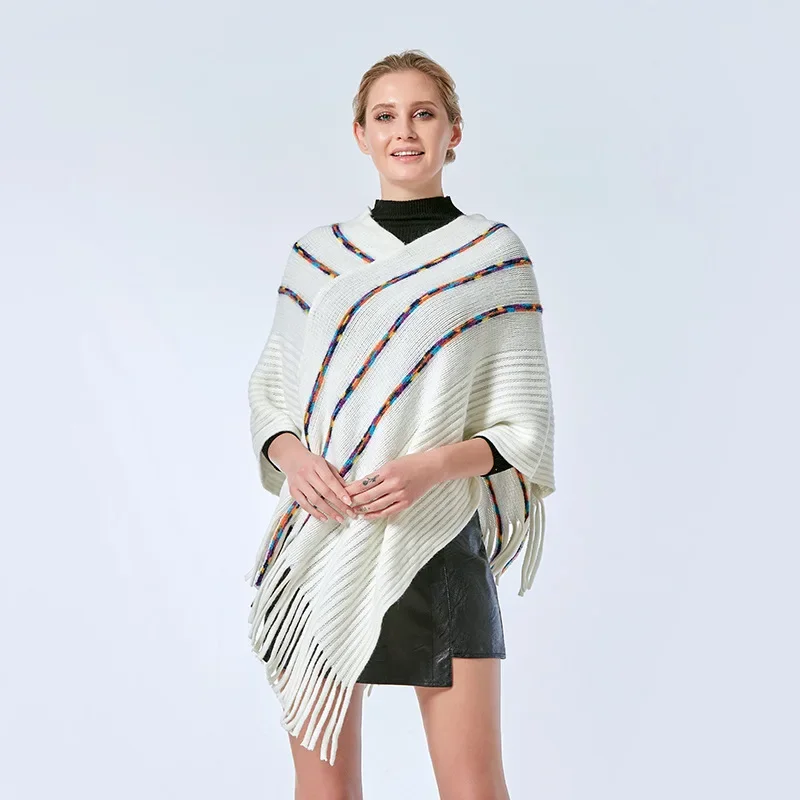 Spring Autumn New European American Tassel Color Stripe Fashion Pullover Lady Knitted Cloak Shawl Color Three Pole Yellow