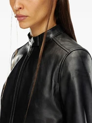 Women Vintage Matte Leather Coats Ladies Black PU Long Sleeve Zip Jacket Top Double Zip Pocket Chic Crop Overcoats Clubwear New