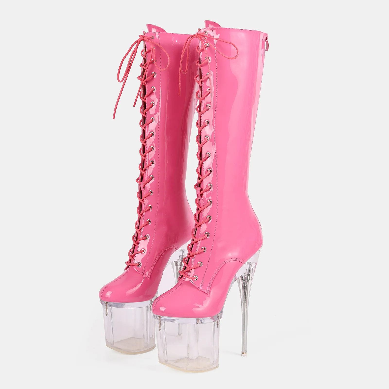 19cm Super High Heels Boots Women Platform Stiletto Patent Leather Lace Up Crystal Knee High Boots Runway Extreme Heels