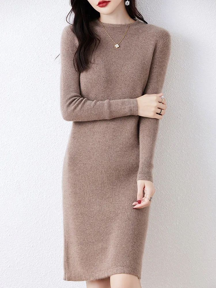 

Women's Wool Dress Sweater O-Neck Pullovers Autumn Winter 100% Merino Wool Knitwear Knee Length Cashmere Office Lady Slim Dress