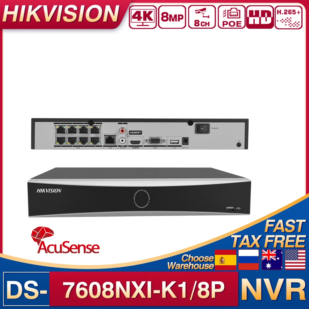 Hikvision 8CH 1U 8POE AcuSense 4K NVR DS-7608NXI-K1/8P Security Protection 1SATA CCTV Surveillance Network Video Recorder