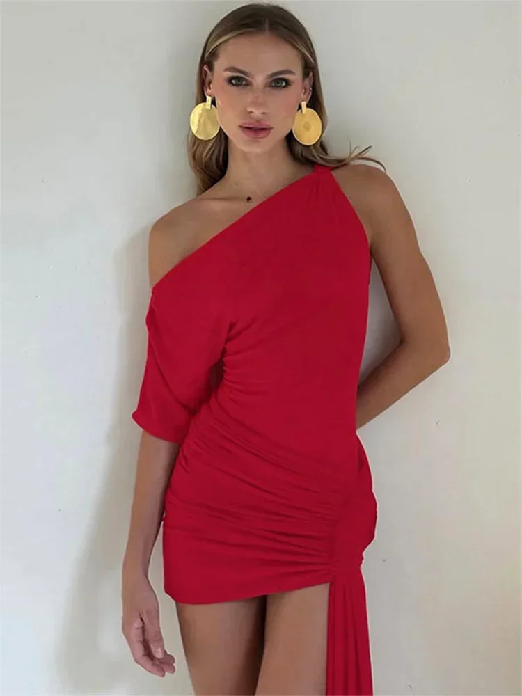 섹시한 여름 슬림 미니 드레스 여성 높은 허리 짧은 소매 한 어깨 패치 워크 파티 드레스 여성을위한 Y2k Bodycon 드레스