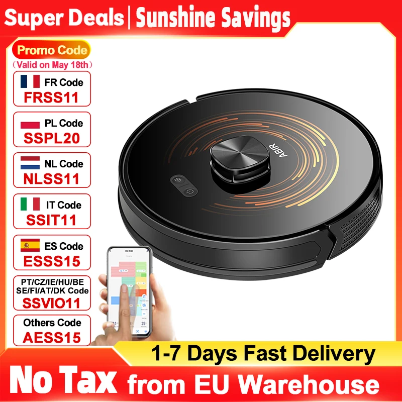 Robot aspirateur ABIR X9, Lidar Laser, aspiration 6500pa, nettoyage UV, carte multi-étages, zone restrée par application, vadrouille sèche et humide pour maison intelligente