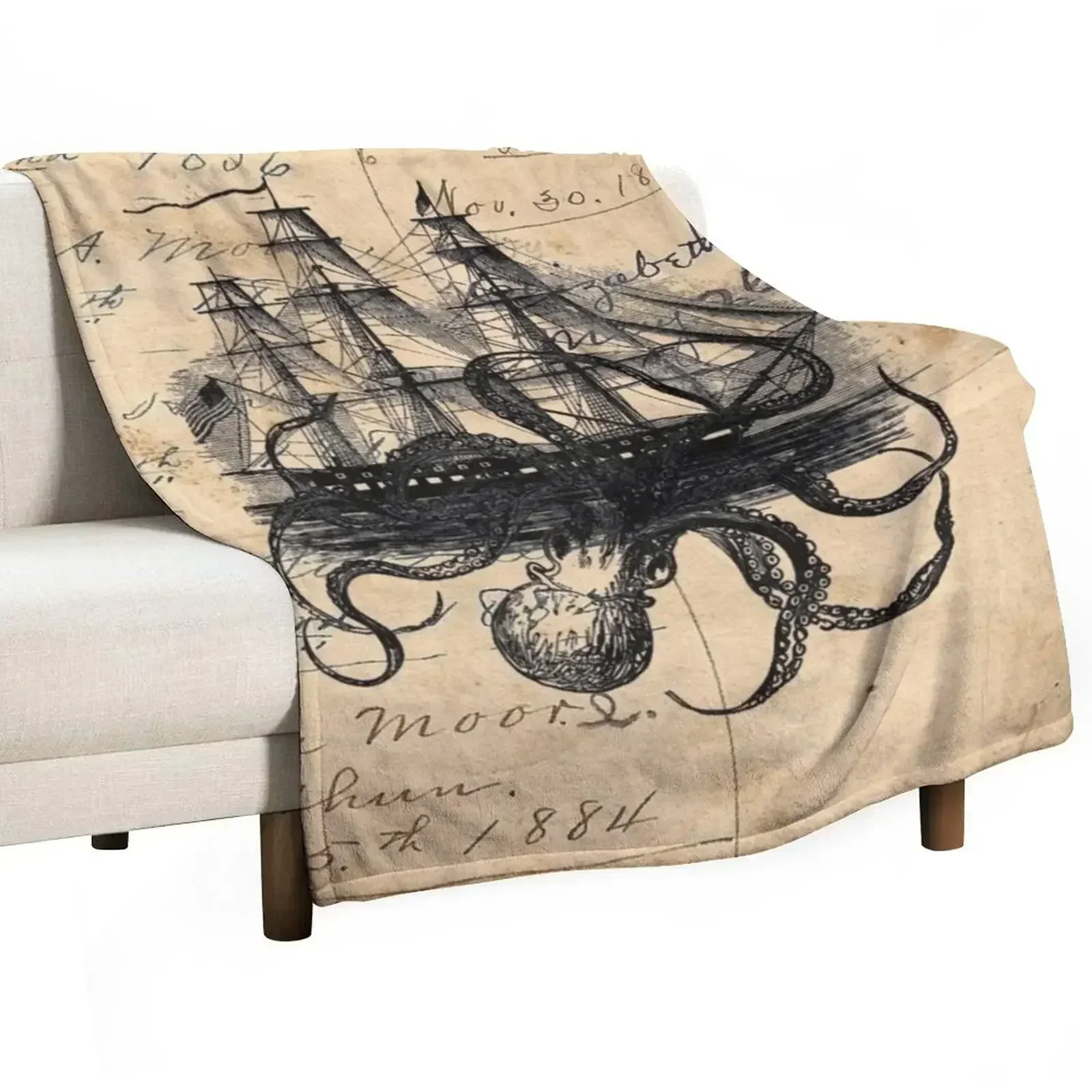 Kraken Attacking Ship on Ledger DesignKAS947 Throw Blanket Travel Thermal Decorative Beds Blankets