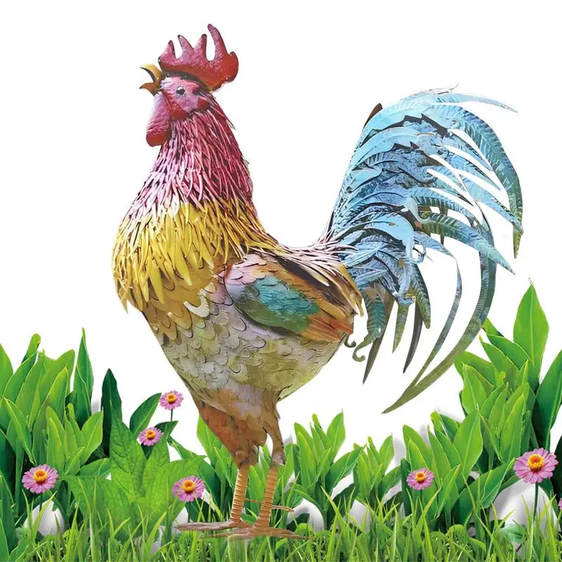 Metal Rooster Sculpture Metal Patriotic Rooster Garden Statue Double-sided Printing Metal Rooster Figurine for Backyard, Outdoor