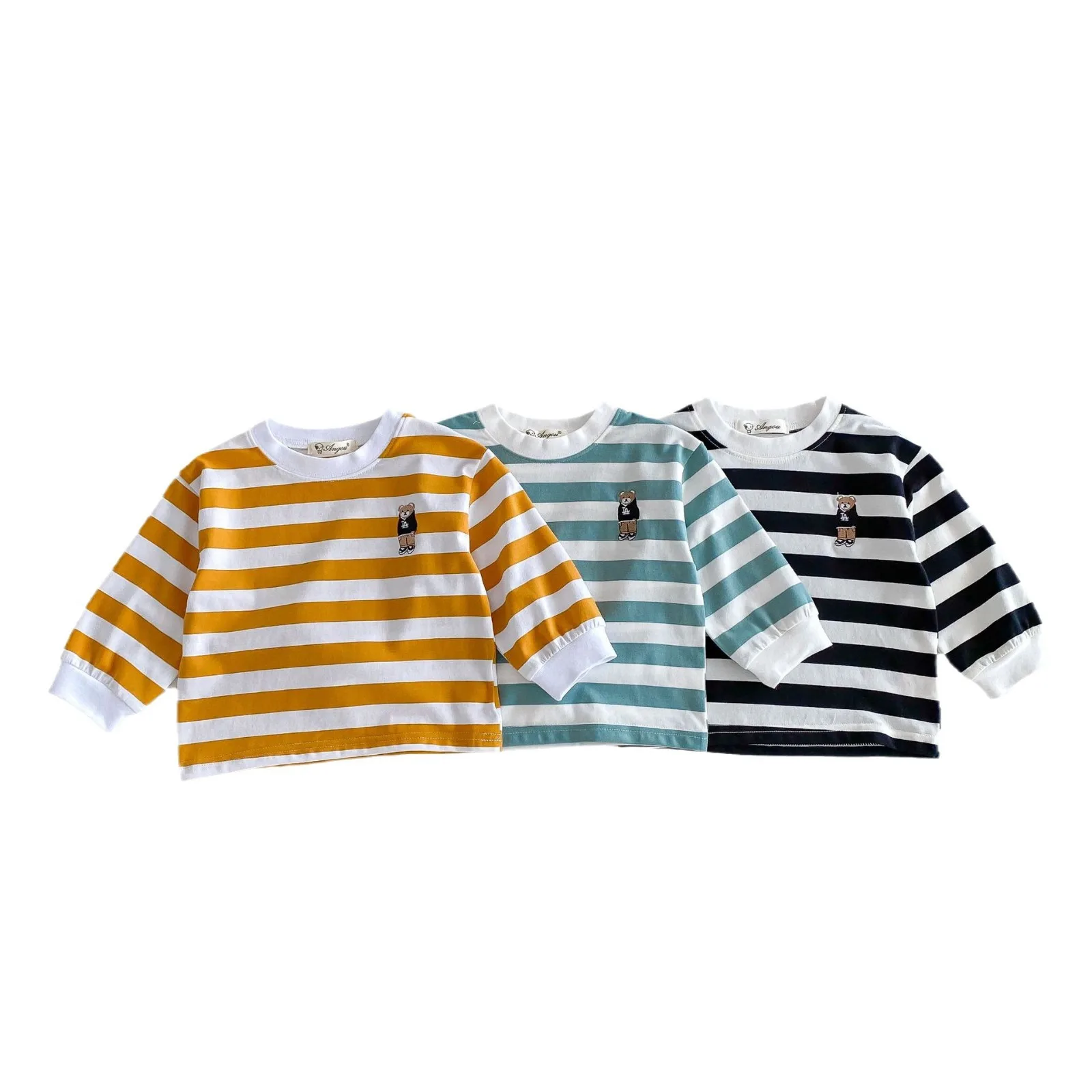 2024 primavera nuovi bambini maglietta a maniche lunghe bambino orso ricamo top bambino Versatile felpa a righe bambini Pullover Casual