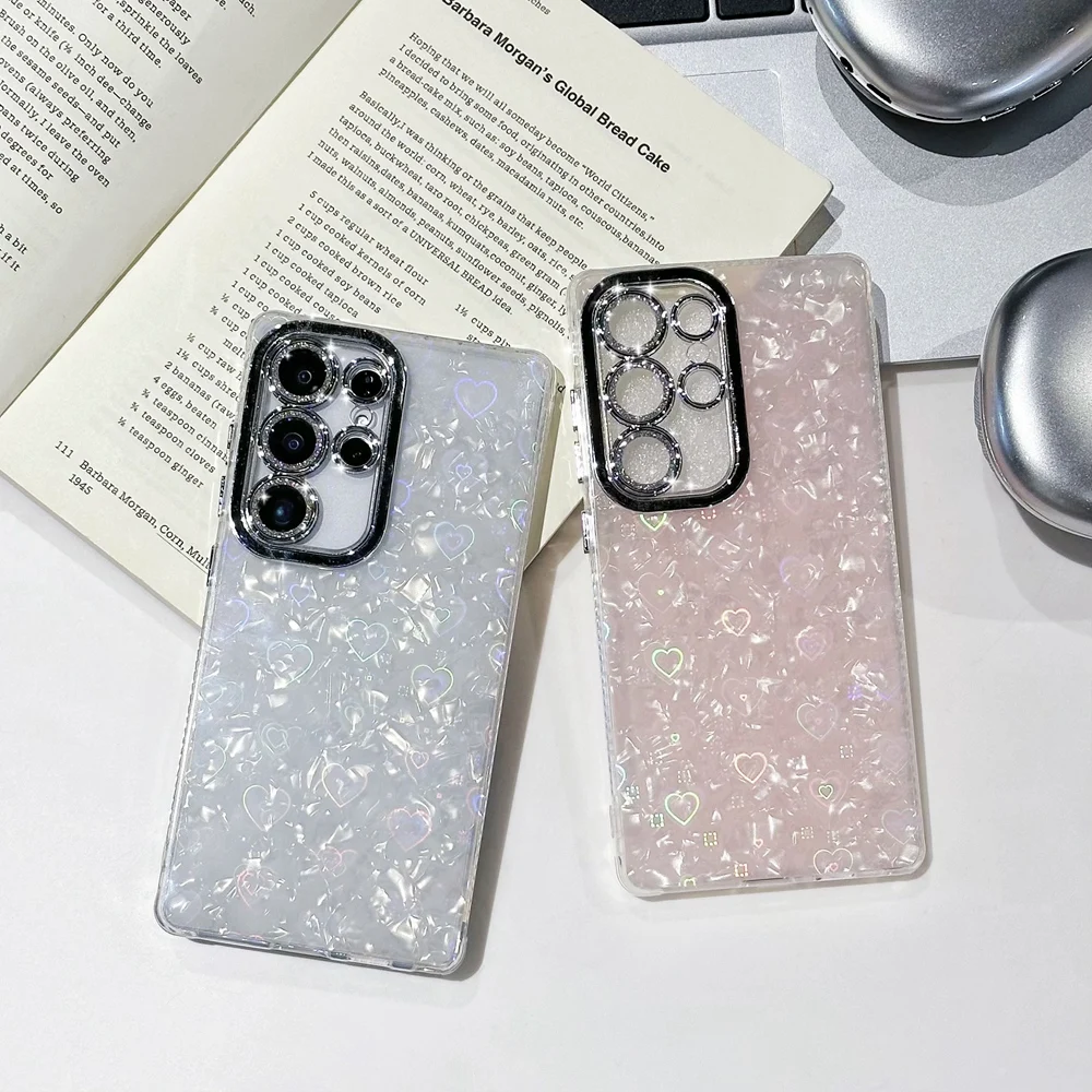 Diamond Glass Camera Film Shimmering Love Conch Case For Samsung Galaxy S23 S24 FE S25 Ultra A55 A54 A56 A36 A34 A26 A25 A17 A16