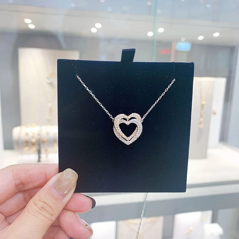 Double Heart Openwork Necklace Heart Pendant Love Forever New Fashion Fine Jewelry Set Women's Rose Gold Crystal-Inlaid Necklace