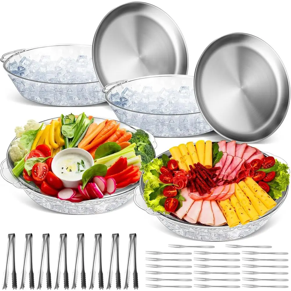 

Elegant 11.8 Stainless Steel Round Chilled Serving Tray with Ice for Parties, Perfect for Fruits, Shrimp, Oysters, and More