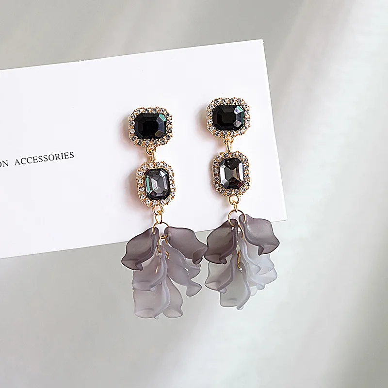 925 silver pin retro palace irregular acrylic crystal black rose petal earrings Mesh red bump color earrings