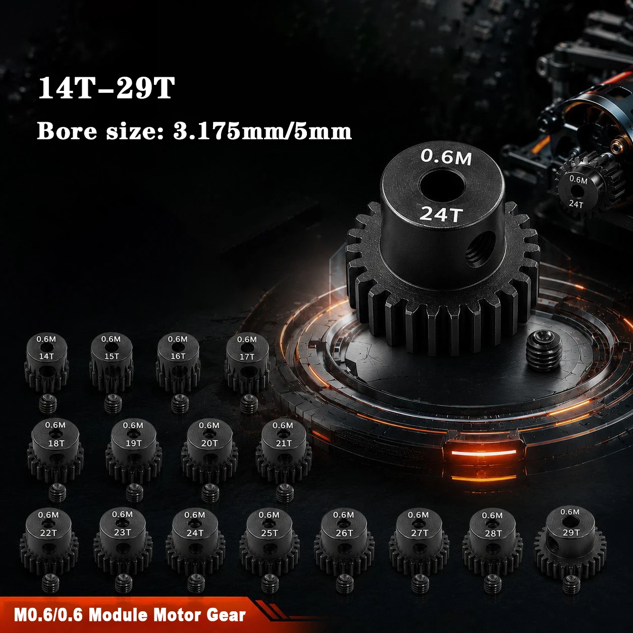 1PCS 0.6M/M0.6  3.175mm/5mm 14T 15T 16T 17T 18T 19T 20T 21T- 29T Pinion Gear Moter Gear Set for RC Car Upgrade Parts Accessories