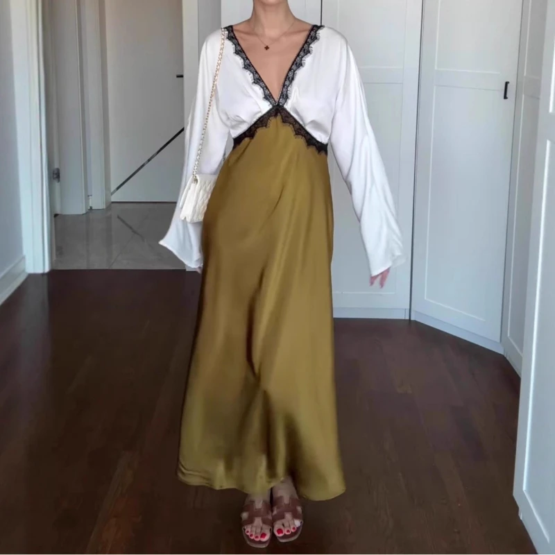 

2026 Spring New Long Skirt Lace Long Sleeve Splicing Large Swing Elegant Dress
