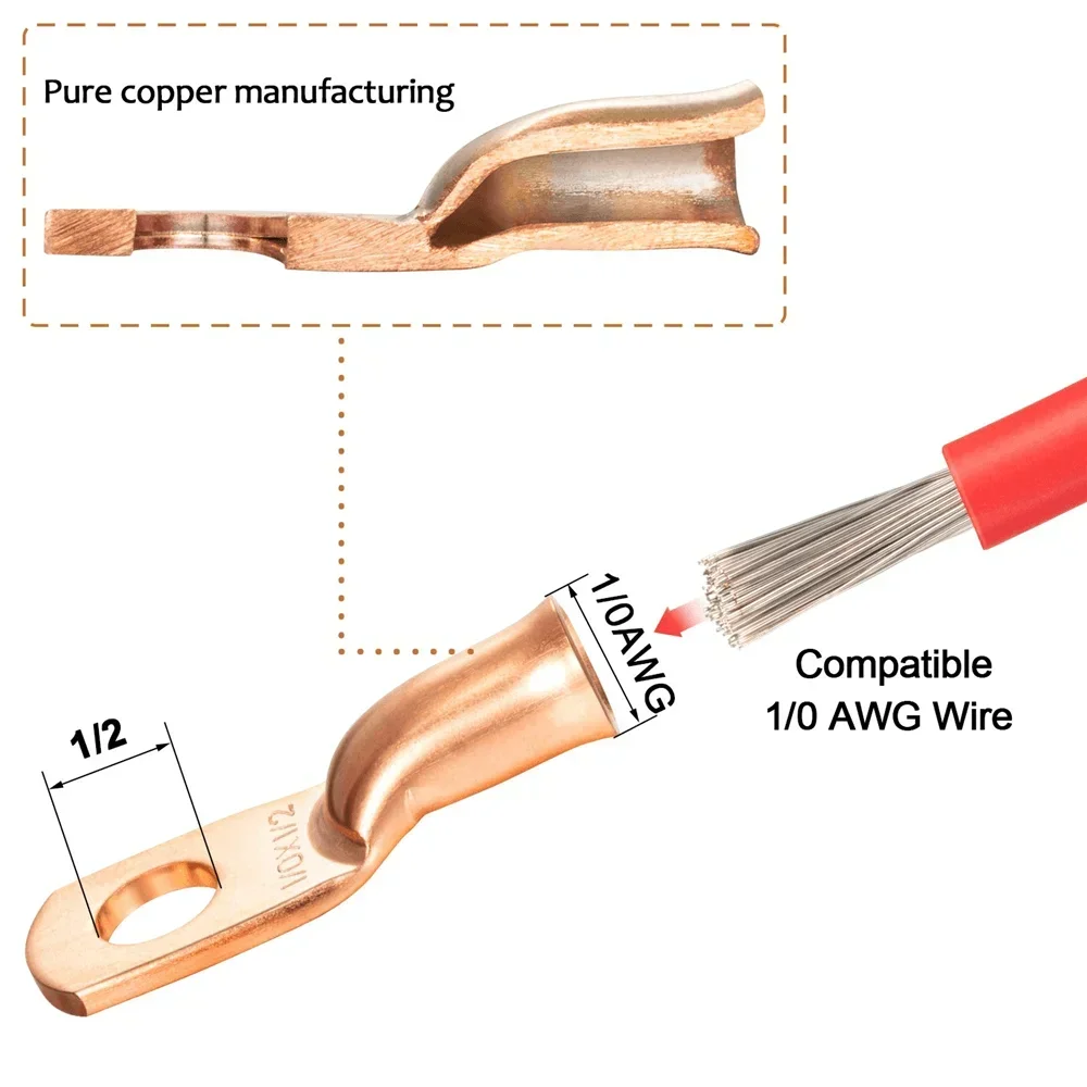 10/25Pcs 1/0 AWG Gauge Bare Copper Cable Wire Lugs Ring Crimp Terminal Wire Connectors Assortment Kit 3/8\