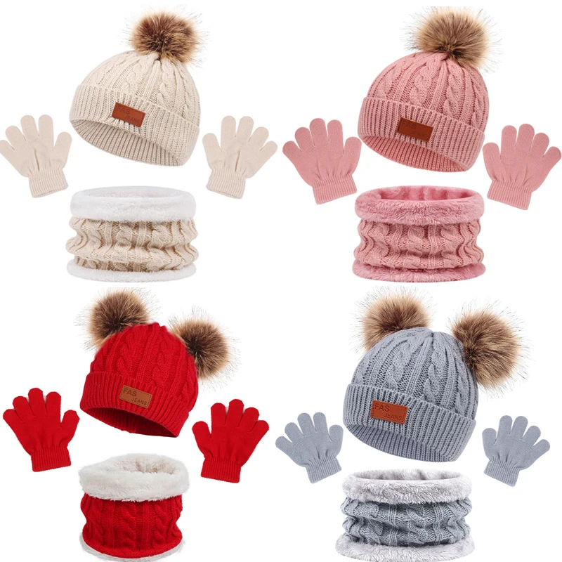 Christmas Baby Knitted Hat Scarf Gloves Set Fur Ball Winter Baby Beanie Children Cap Infant Bonnet Kids Hat for Girls Boys 1-5Y