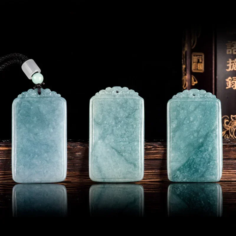 Natural A-goods Jadeite Blue Water Lucky Amulet Pendant Hand-carved Exquisite Fashion Ice Jade Necklace Men & Women Holiday Gift