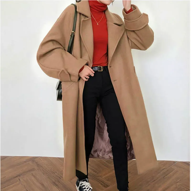 

Loose Black Woolen Coat Women Autumn Winter Fashion Long Overcoat Korean Elegance Slim Fairy Student Female Spring Coats