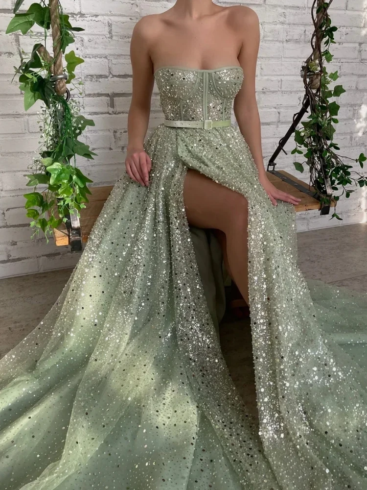 A2327 Vestidos de noche brillantes de color lima de lujo sin tirantes Una línea Sexy con abertura frontal Fiesta de graduación Ropa para ocasiones Vestido de invitados de boda personalizado