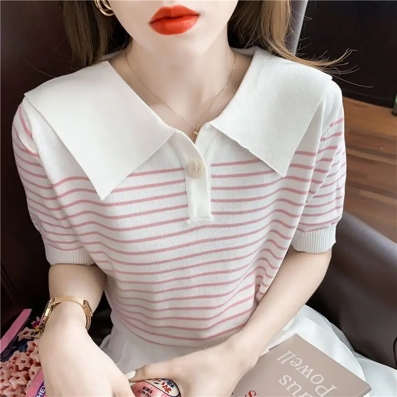 Ice Silk Short Sleeve T-shirt for Women\'s Summer New Striped Polo Neck Thin All-match Youth Tops Sweet Fashion Korean Clothing