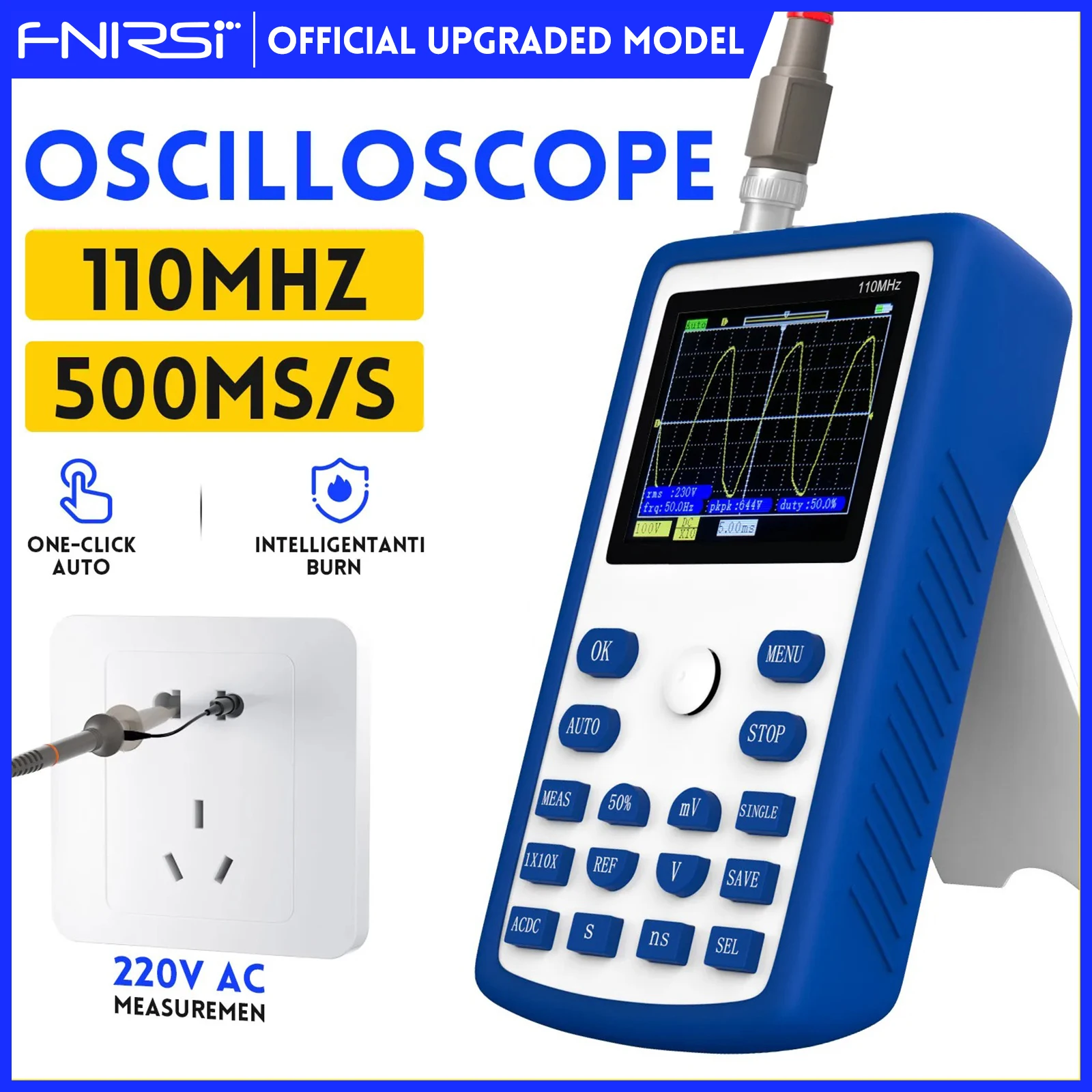 FNIRSI 1C15 Digital Oscilloscope 110MHz Analog Bandwidth 500MS/s Sampling Rate Supports 1Khz Square Wave 400V