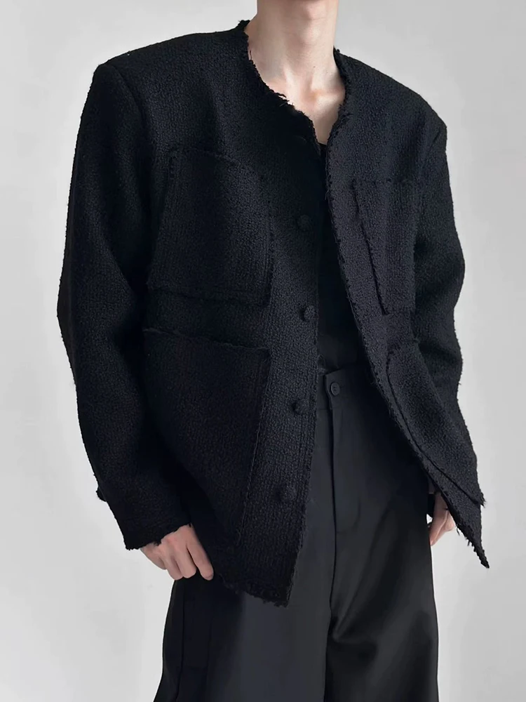 

Черная твидовая куртка для мужчин, корейские свободные тканые пальто с карманами и кисточками Y2K, весенняя шикарная уличная одежда с круглым вырезом, смешанная верхняя одежда для мужчин