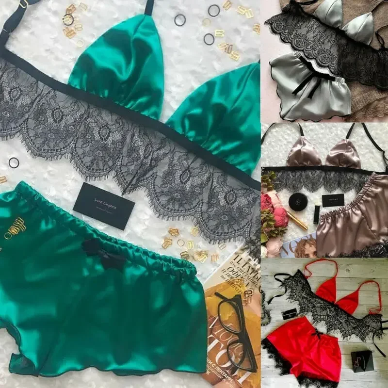 Ropa interior de mujer, lencería Sexy de satén de seda, pijamas, Tops cortos, conjuntos de Bralette y bragas, ropa suave para niñas, Tops, bragas, traje de encaje