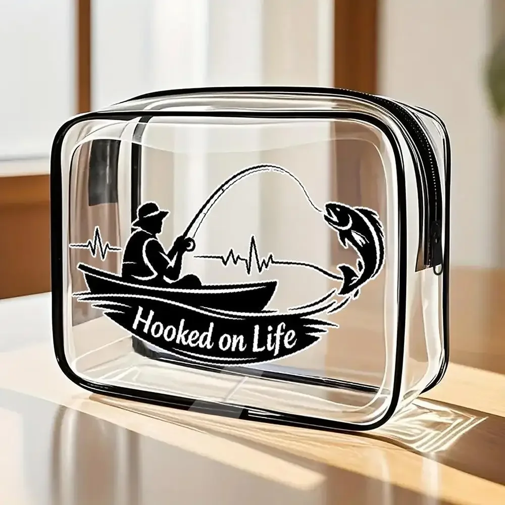 Fishing Silhouette Print Clear PVC Cosmetic Bag Hooked on Life Portable Travel Toiletry Bag Fisherman Makeup Storage Pouch