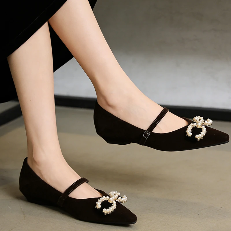 

French Style Fashion Pearl Buckle High End Suede Pointed Toe Flat Shoes For Women Elegant And Versatile For Daily Wea Occasions