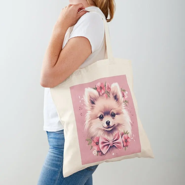 

Paws & Bows: Adorable Pomeranian Portrait with Pink Bow Tote Bag personalized tote bag female bag canvas shopping