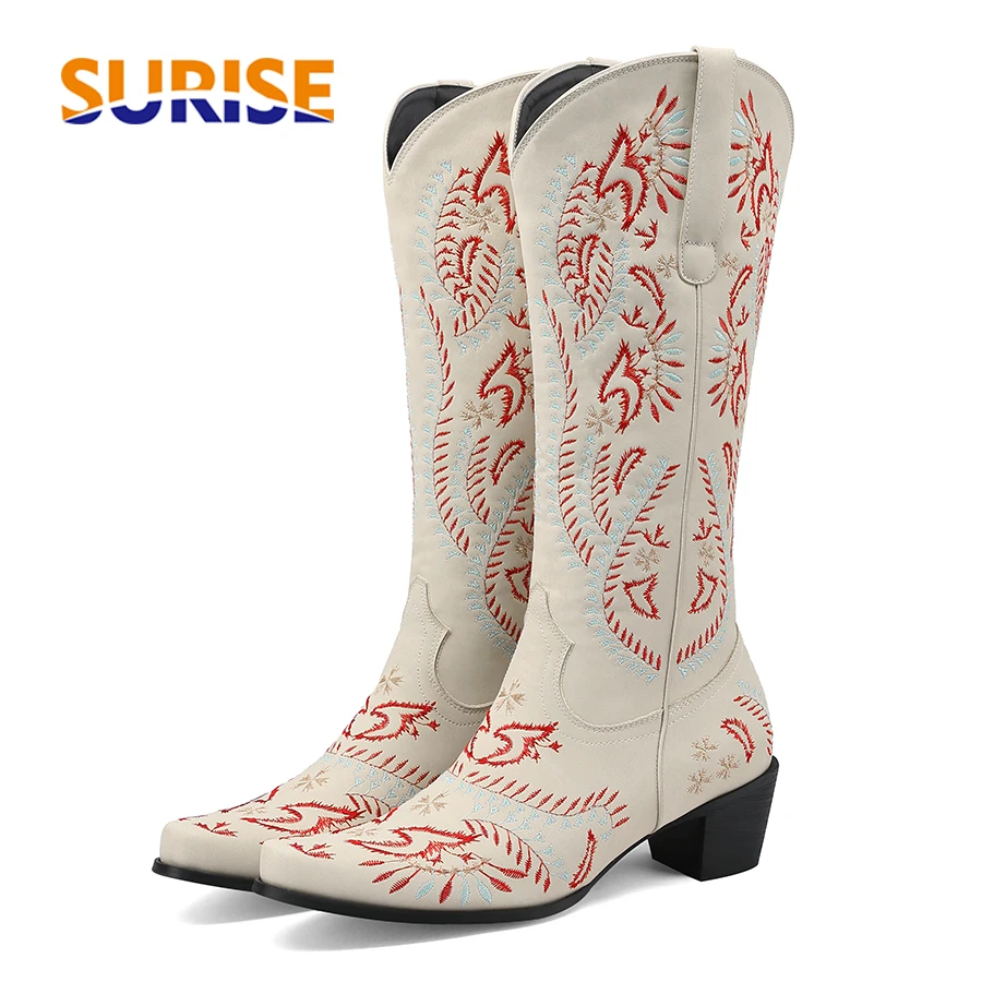 

Winter Western Women Knee High Boots Brown Black Embroidery PU High Heels Round Toe American Cowboys Slip-on Cowgirls Long Boots