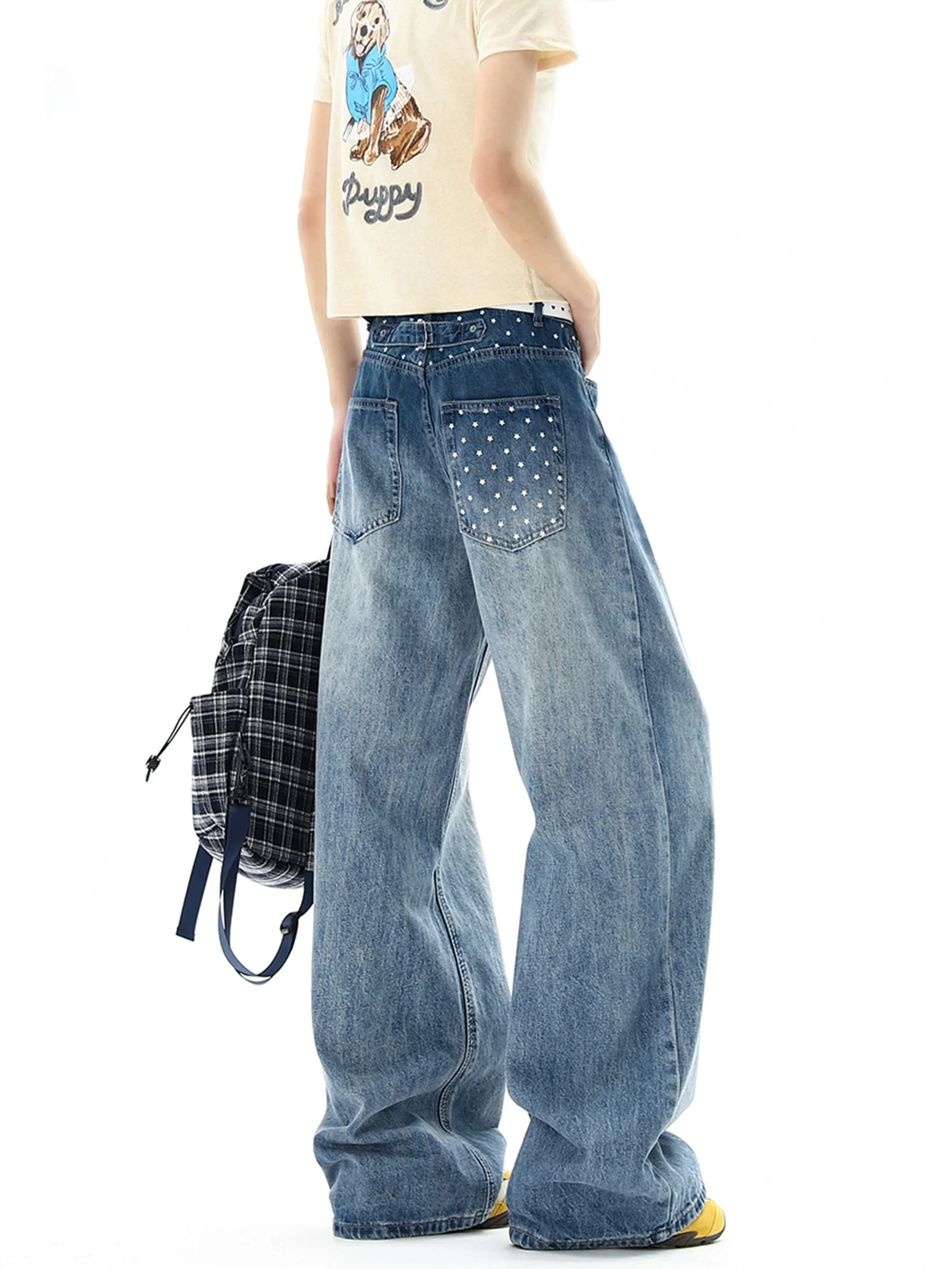 

American Style Star Print Paris Button Denim Jeans Loose Wide Leg Straight Cut Summer Jeans for Men And Women
