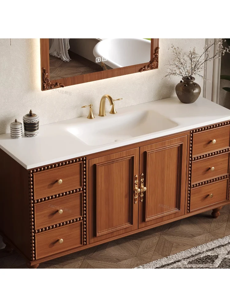 

Встраиваемая раковина из Corian в стиле французского ретро, тумба для ванной из резинового дерева с покрытием под краску.