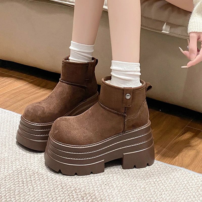 Women Snow Boots Non-slip Winter Warm Plush Short Boots Thick Fur High Platform Ankle Boots 10CM Suede Leather Chunky Sneakers