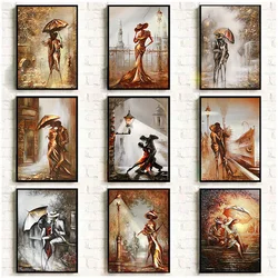Romantic Golden Couple With Umbrella City Landscape Wonderful Lover Poster Canvas Painting Wall Art Pictures Home Decoration