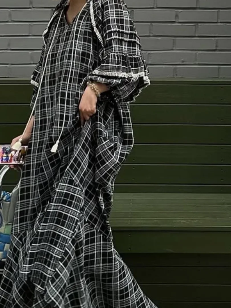 

Chic Summer Vintage Lazy Sle V-ne Tassel Design Loose Lantern Sve Plaid Dr Women's Faionable Casual Dr