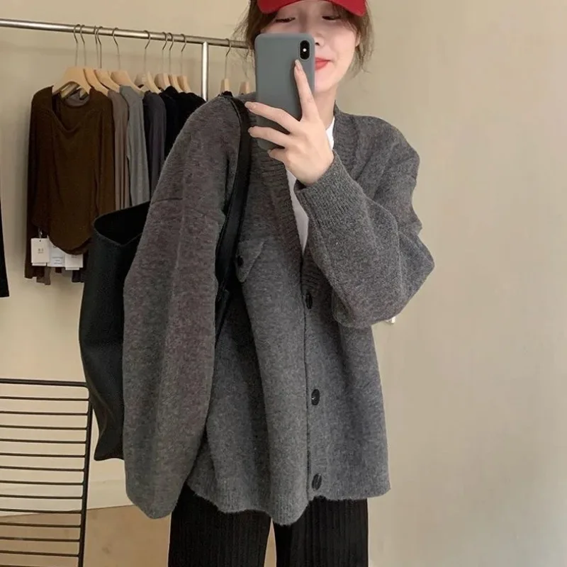 Casual Women Autumn Pocket Design V Neck Loose Long Sleeve Knit Cardigan Sweater