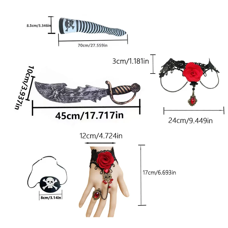 ชุดฮาโลวีนสไตล์โจรสลัด PESENAR: ผ้าปิดตา ถุงเท้าลายทางสูง มีดโจรสลัด และเครื่องประดับตกแต่งด้วยหัวดอกกุหลาบ