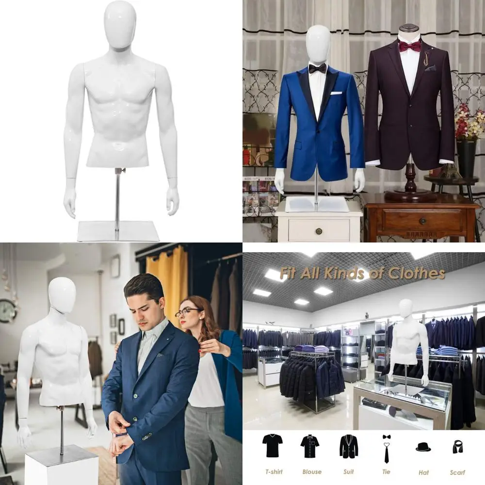 

Adjustable Height Male Mannequin with Detachable Arms for Dress Form Display on Metal Stand, Bright White, Suitable for Various